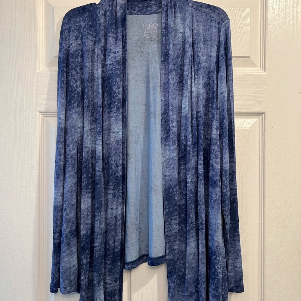 LOGO by Lori Goldstein Blue and Light Blue Spattered Paint Open Cardigan